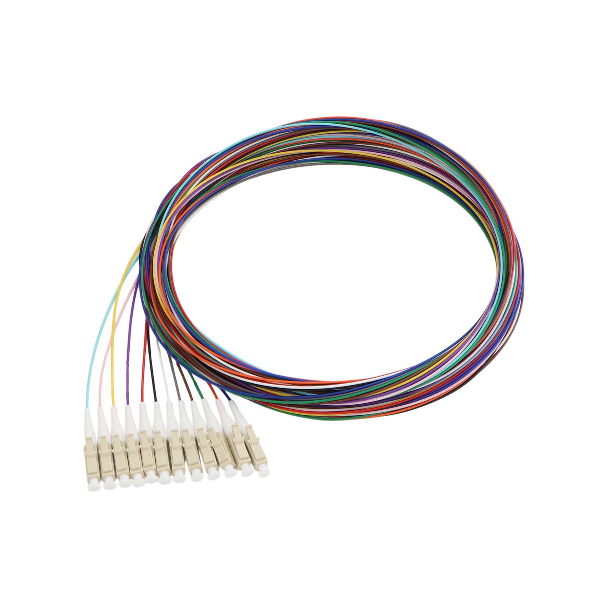 Fiber Optic Pigtail, 12 Strand, unjacketed color-coded, 900um, LC UPC, OM3