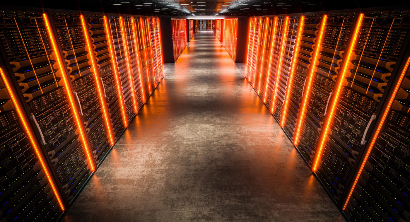 Data center racks with orange glow