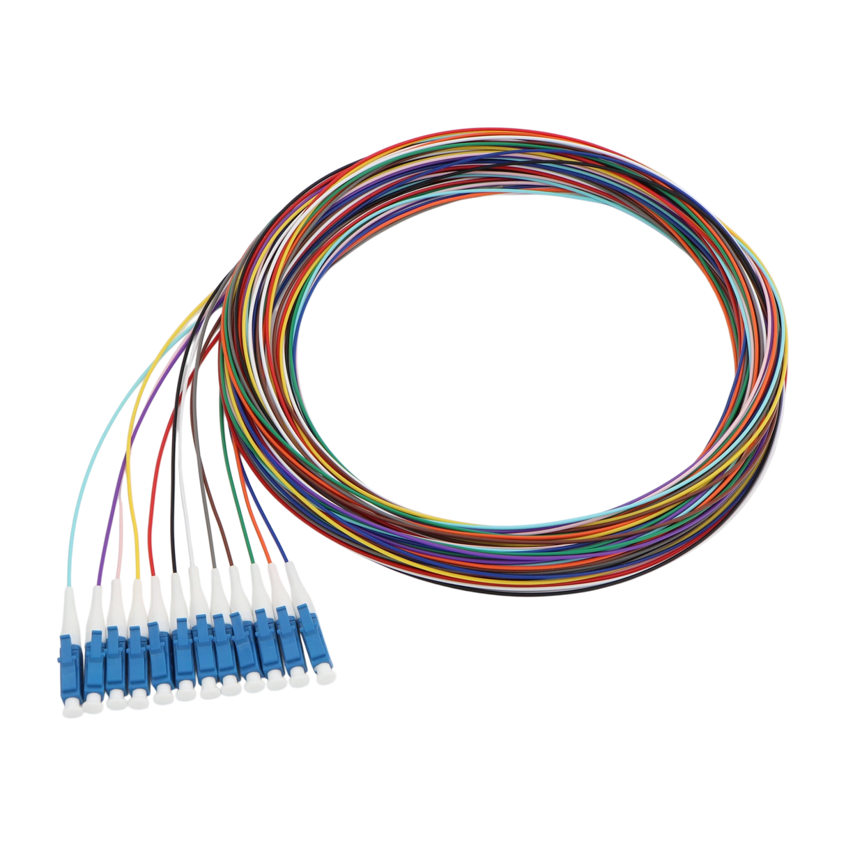 Fiber Optic Pigtail, 12 Strand, unjacketed color-coded, 900um, LC UPC, OS2