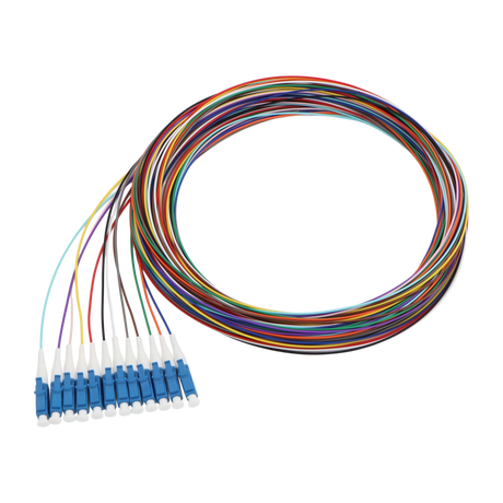 Fiber Optic Pigtail, 12 Strand, unjacketed color-coded, 900um, LC UPC, OS2