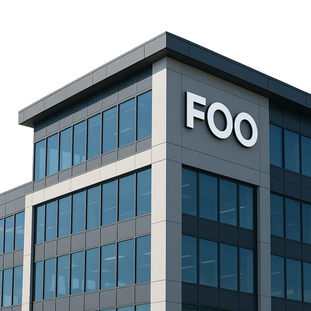 Modern building facade with 'FOO' branding on a clear sky background